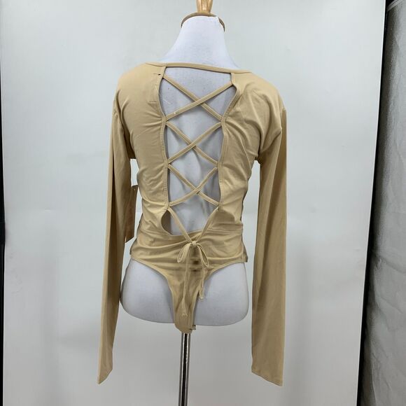 Social Scene Bodysuit Womens M Medium Champagne Tan Open Tie Back Snap Buttons - Picture 3 of 10